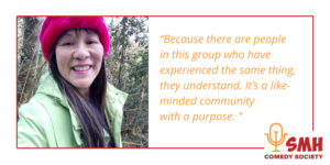 Photo of April Soon smiling, she is wearing a pink hat and a green jacket. There is also a quote, "Because there are people in this group who have experienced the same thing, they understand. It's a like-minded community with a purpose."